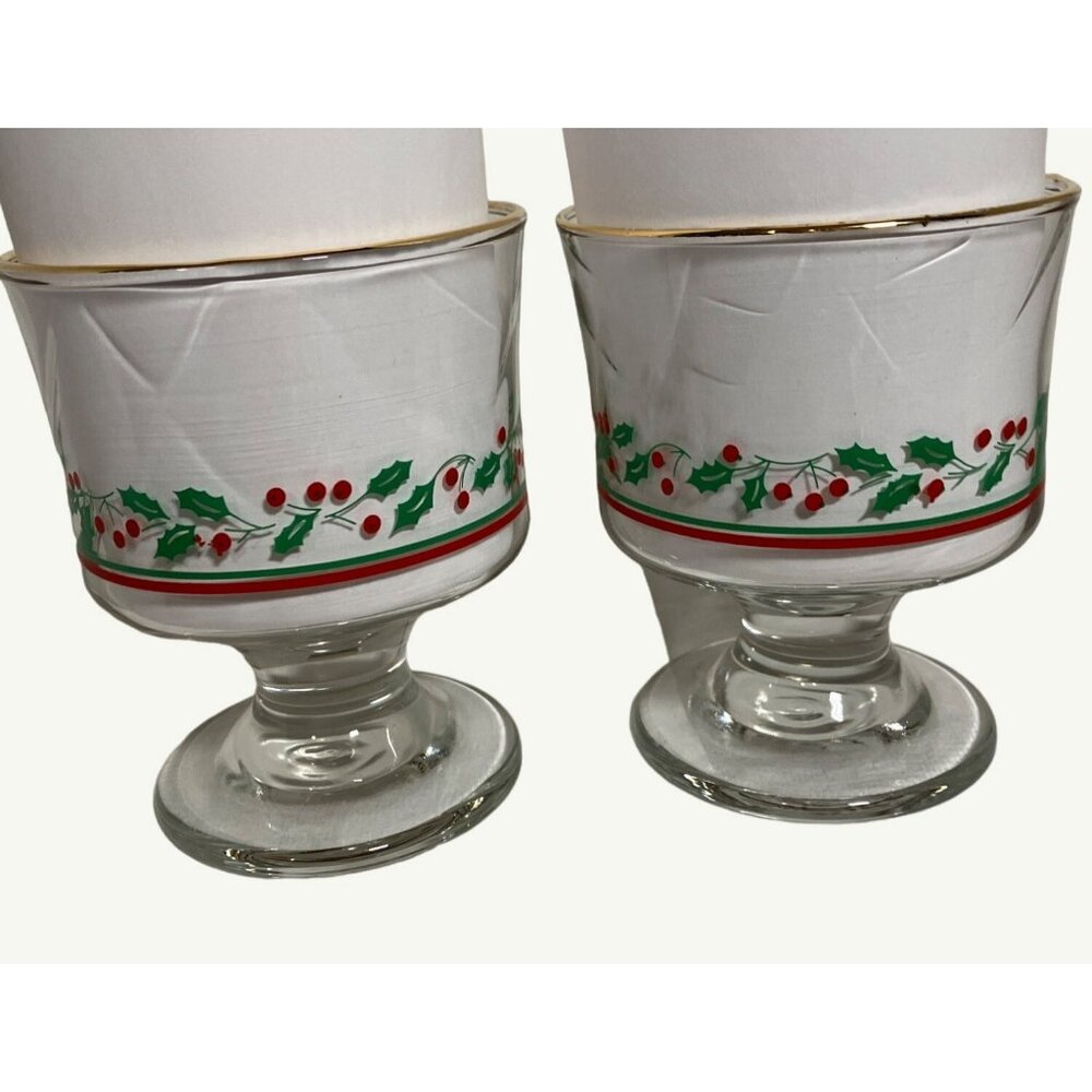 Vintage Holiday Holly & Berry Glass Pedestal Dessert Dishes Set Of 2